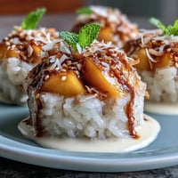 Silky coconut sticky rice topped with fresh mango slices in individual dessert cups, garnished with toasted sesame seeds.