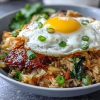 Spicy Fermented Cabbage Kimchi Fried Rice Bowl topped with a sunny-side-up egg.