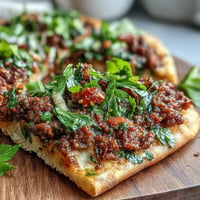 Crispy Turkish Lahmacun featuring savory lamb, sumac, and fresh herbs.