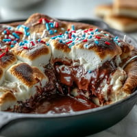 Gooey 4th of July S'mores Dip bubbling in a cast iron skillet for dipping.
