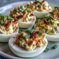 Creamy sweet pickle relish deviled eggs crowned with paprika and chives.